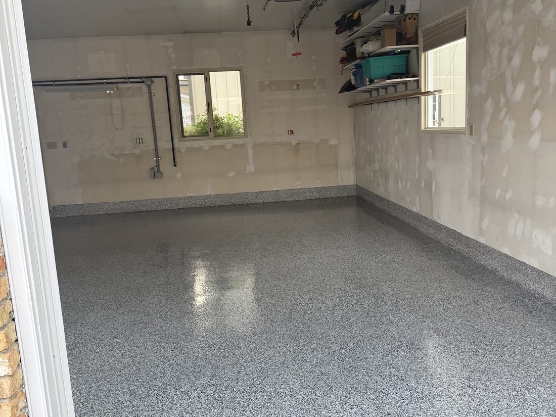 Coyote flake floor — open garage, full reveal
