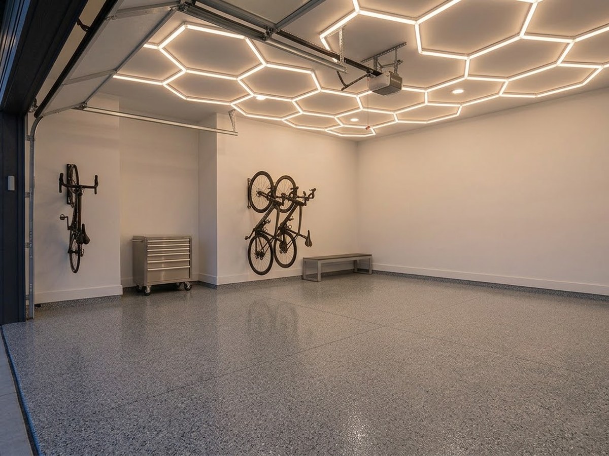 Concept visualization — Floor + Glow package, epoxy floor and hex LED lighting